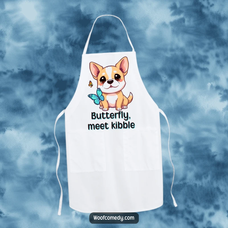 Funny Kawaii Dog Apron: A cute dog curiously watching a butterfly, perfect for protecting clothes with gentle humor.