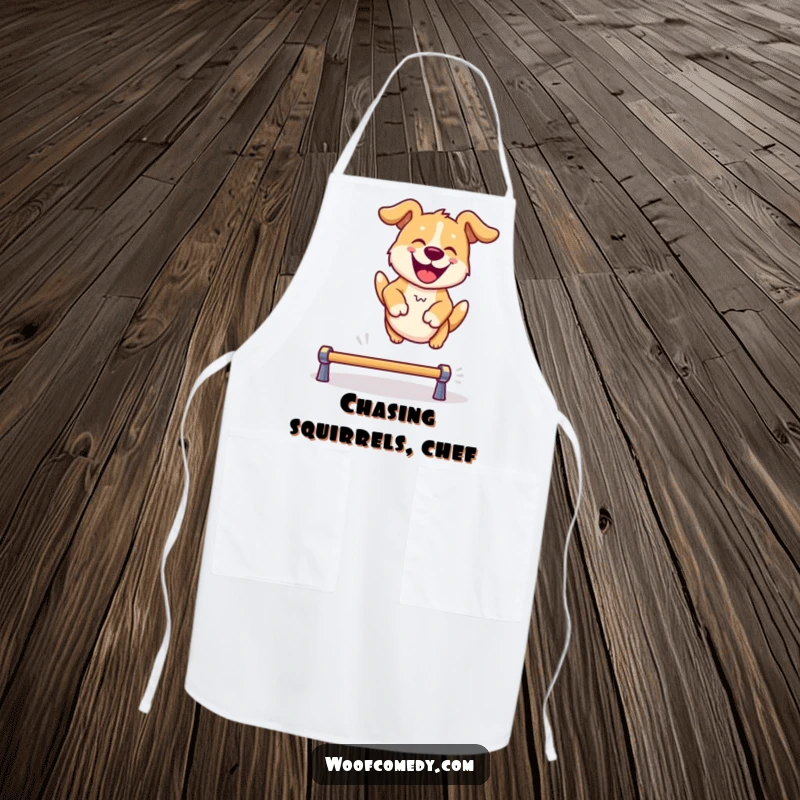 Funny apron depicting a dog energetically leaping over a small barrier, ideal for kitchen fun and protecting clothes.