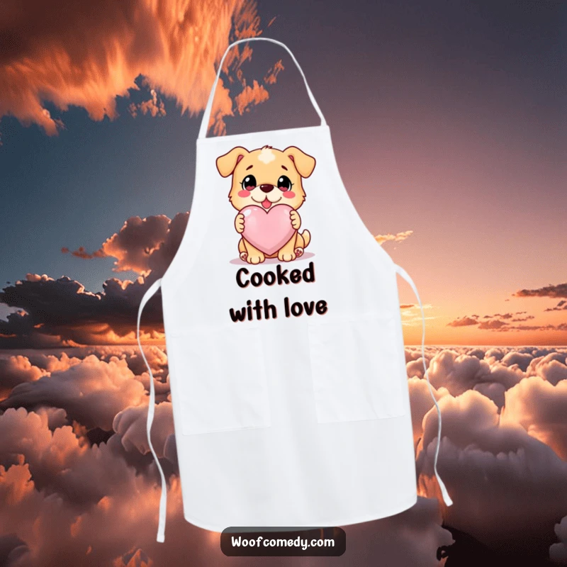Funny loyal dog offering a glowing heart, protective kitchen apron, heartwarming design, funny gift.