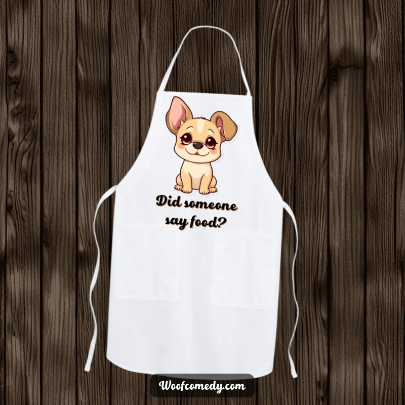 Funny floppy ear dog apron with a pup tilting its head curiously, adding adorable humor to cooking.