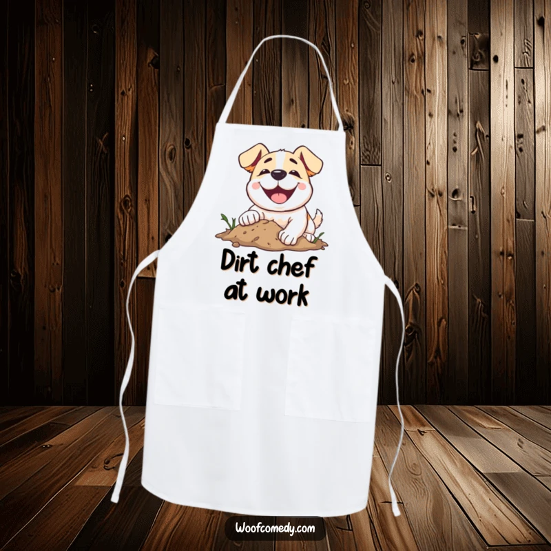 Funny dog apron illustrating a dog with a huge smile, joyfully digging its paws into loose dirt.