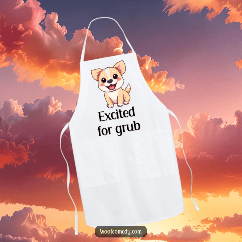 Funny apron showing an excited dog with a wagging tail, perfect for a cheerful cook.