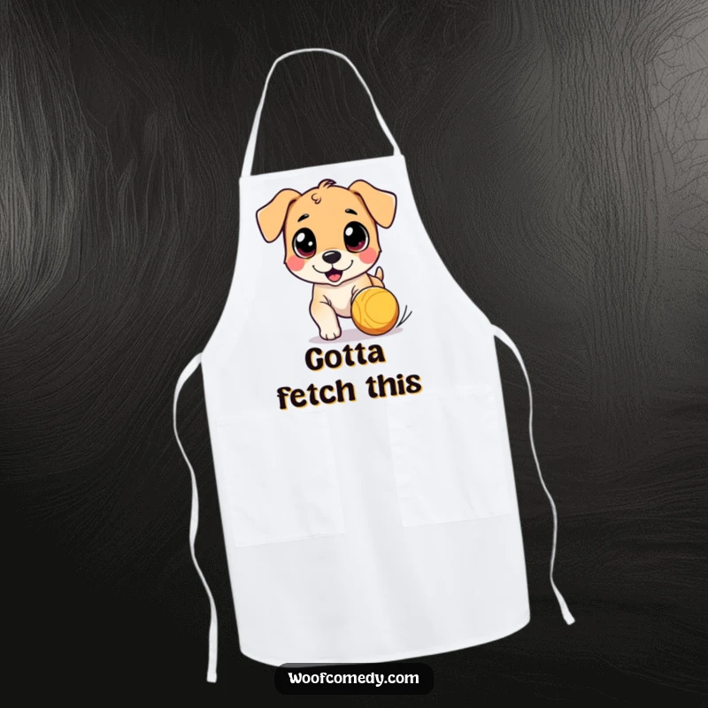 Funny apron featuring a cute dog character with wide eyes, chasing a bouncing ball, adding a humorous and energetic touch to kitchen wear.