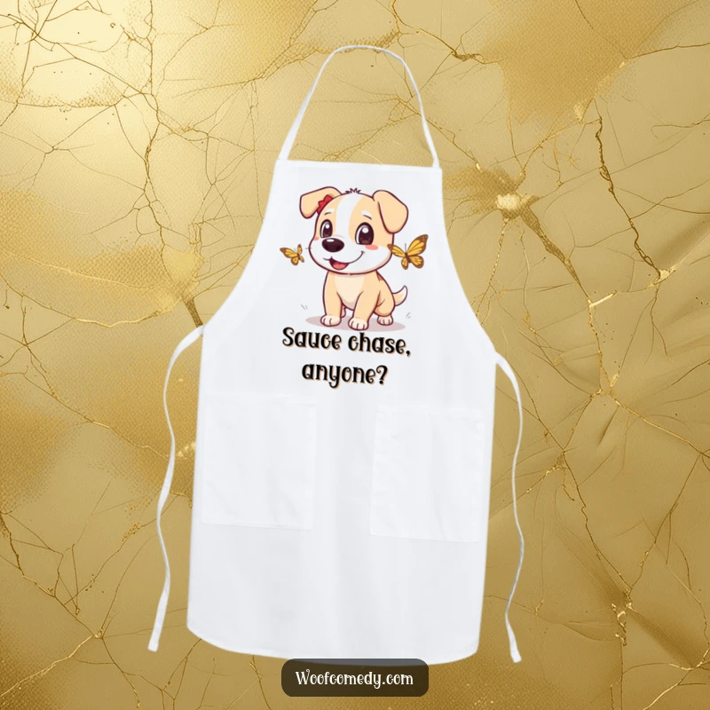 Funny dog apron featuring an excited dog chasing a fluttering butterfly with wide, playful eyes, adding humor to cooking.