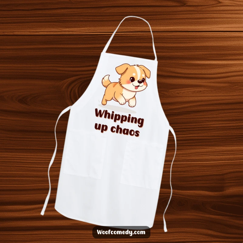 Funny Dog Apron: A determined dog comically chasing its tail while cooking, adding humor to kitchen activities.