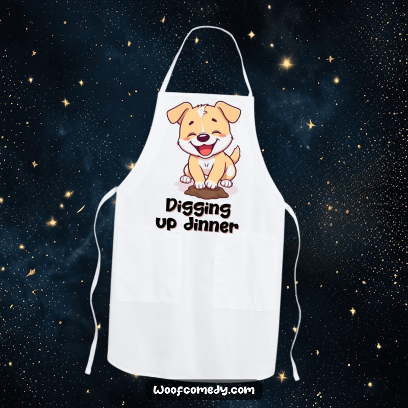 Funny apron showing a dog happily engaged in digging a hole, perfect for a messy cook.