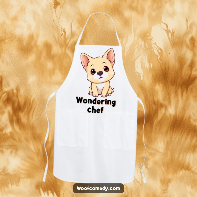 Funny dog head tilt apron showing a curious dog tilting its head, perfect for kitchen contemplation and culinary questions.