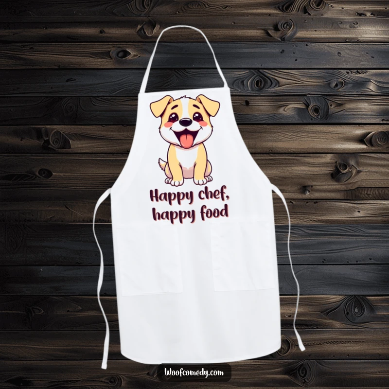 Funny apron featuring an excited dog panting with its tongue out, ready to add fun to any kitchen task.