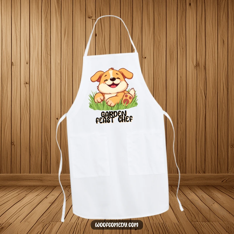 Funny apron showing a happy dog with a wide, goofy grin, rolling in soft grass.