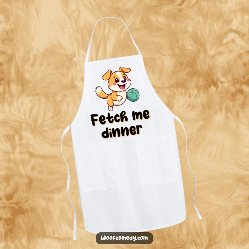 Funny happy dog apron with a wagging tail running with a bouncy ball, adding energetic humor to cooking.
