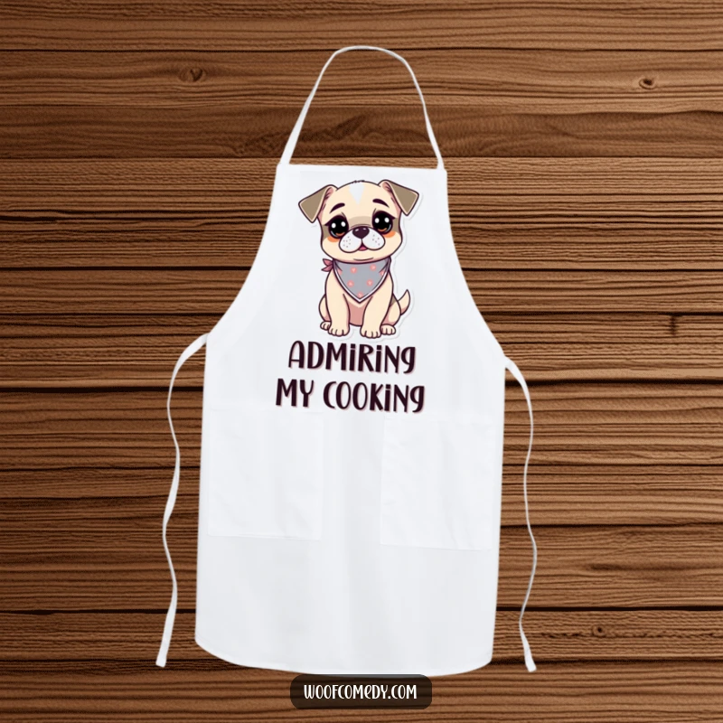 Funny kawaii dog apron with a curious and alert pup wearing a tiny bandana, ideal for cooks who observe keenly.