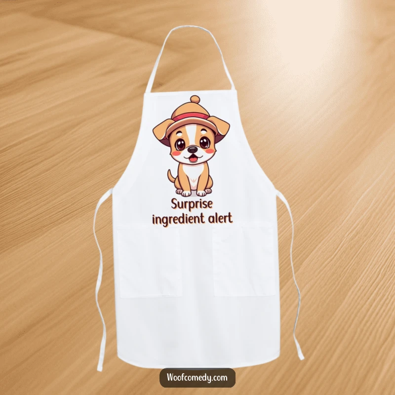 Funny Kawaii Dog Apron: A cute dog surprised in a silly hat, ready to protect your clothes with a smile.