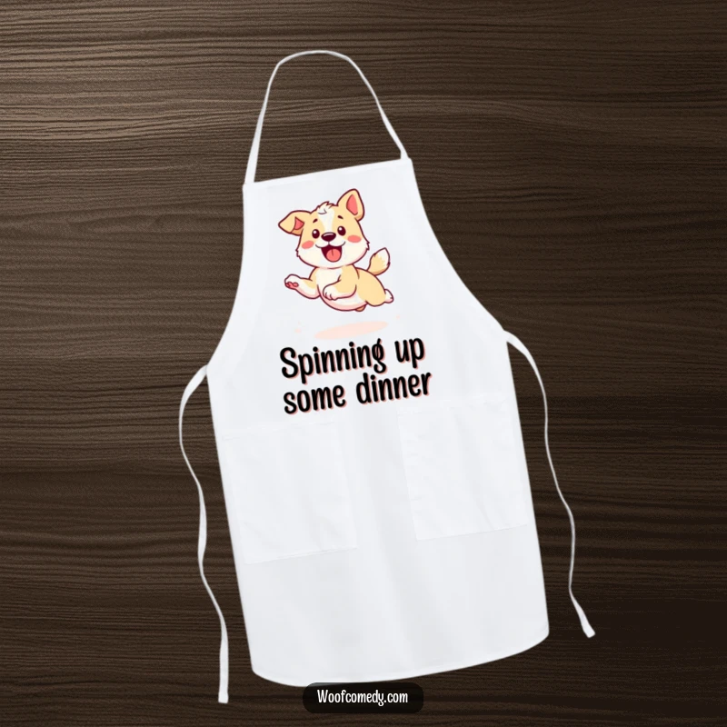 Funny Kawaii Dog Apron: A cute dog energetically chasing its tail, perfect for kitchen fun and protecting clothes.