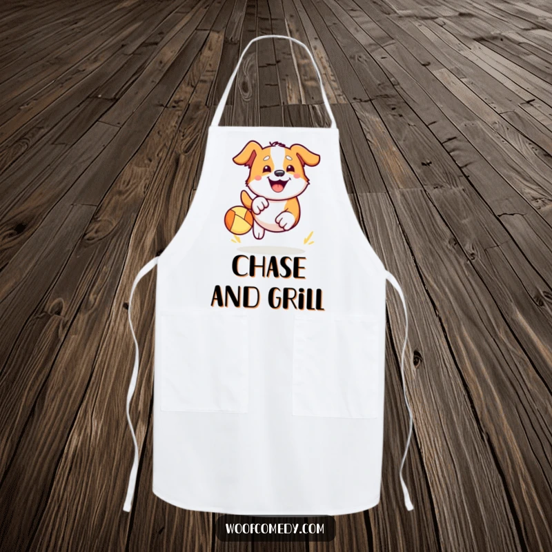 Funny Kawaii dog apron showing a cute dog enthusiastically chasing a bouncy ball with a huge happy grin, perfect for cooking and kitchen fun.