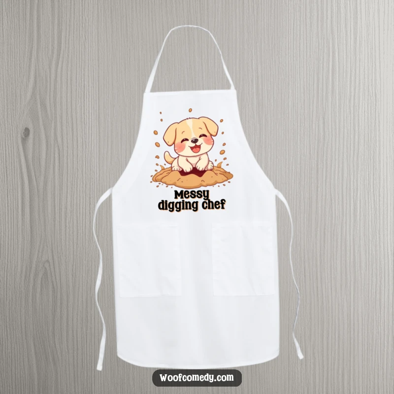 Funny apron showing a kawaii dog joyfully digging, dirt flying, a humorous and practical kitchen accessory.