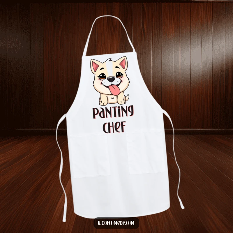 Funny Kawaii dog apron showing a cute dog with a goofy expression, panting with its tongue out. Perfect for kitchen fun and stylish protection.