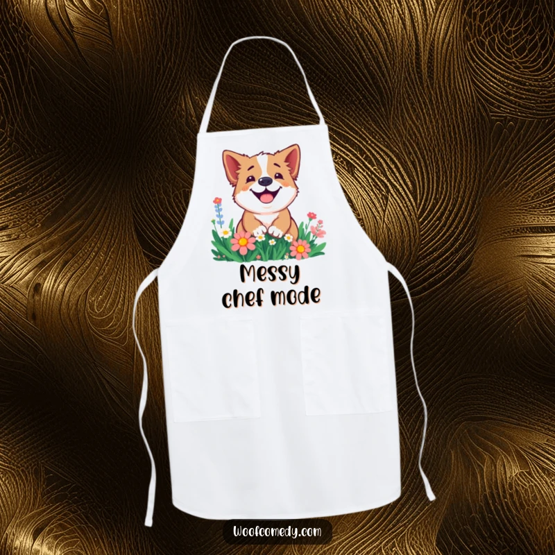 Funny apron featuring a smiling dog digging excitedly in a flower bed, bringing playful garden humor to the kitchen.