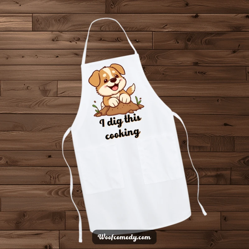Funny kawaii dog apron with a determined pup joyfully digging in dirt, ideal for messy cooks and humorous kitchen antics.