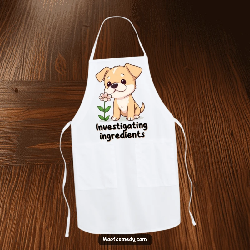 Funny apron featuring a curious dog tilting its head while sniffing a flower, ready to add gentle charm to cooking.