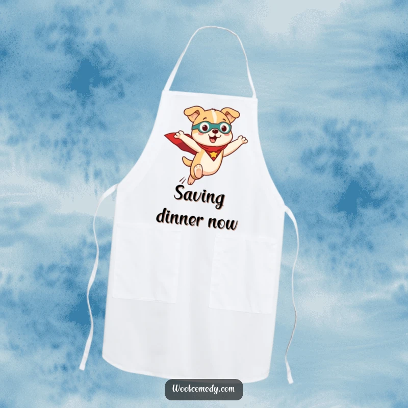 Funny Kawaii dog apron with a cute dog in a superhero cape, mid-leap, ready for kitchen adventures. Adjustable neck strap.