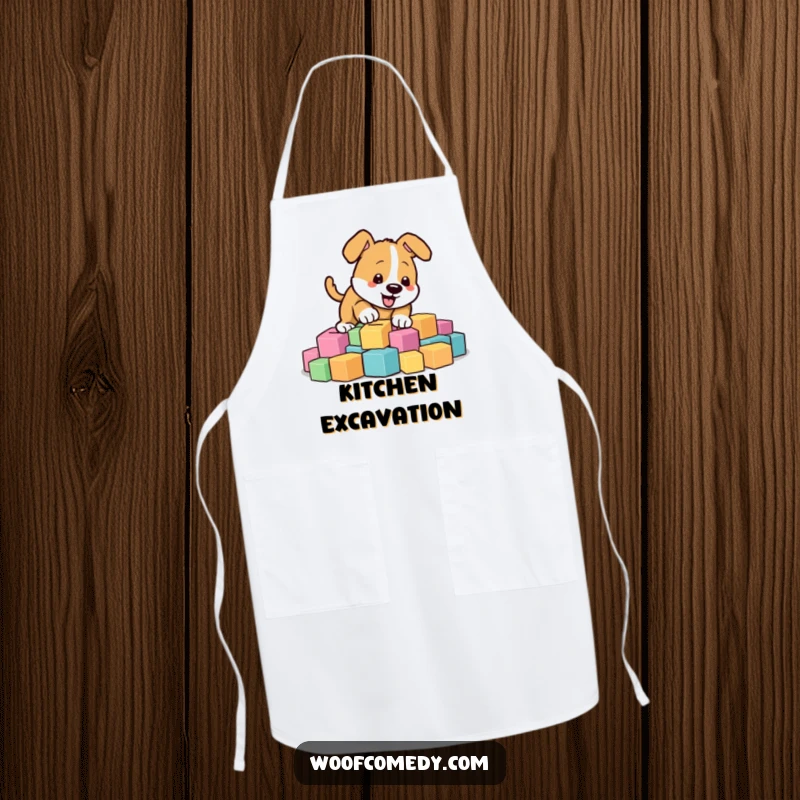 Funny energetic dog digging in colorful blocks, protective kitchen apron, playful design, funny gift.