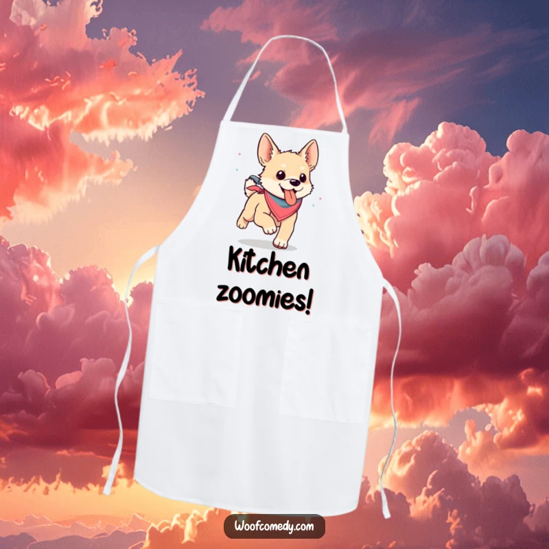 Funny kawaii dog wearing a bandana, humorously running with its tongue out, featured on a cute cooking apron.