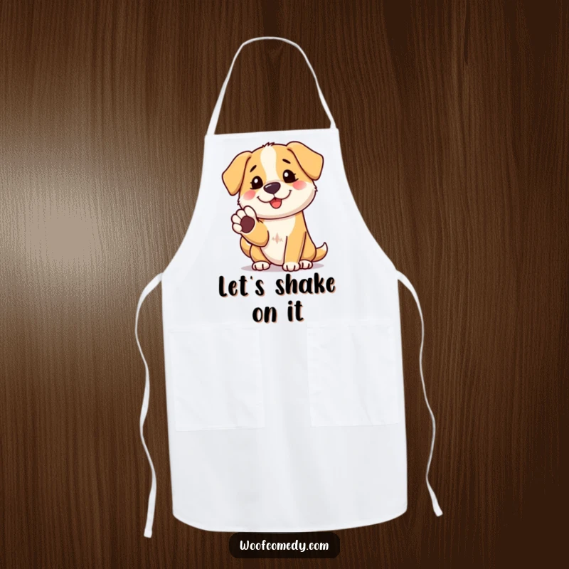 Funny dog paw shake apron, a friendly dog offering its paw, a humorous kitchen gift.