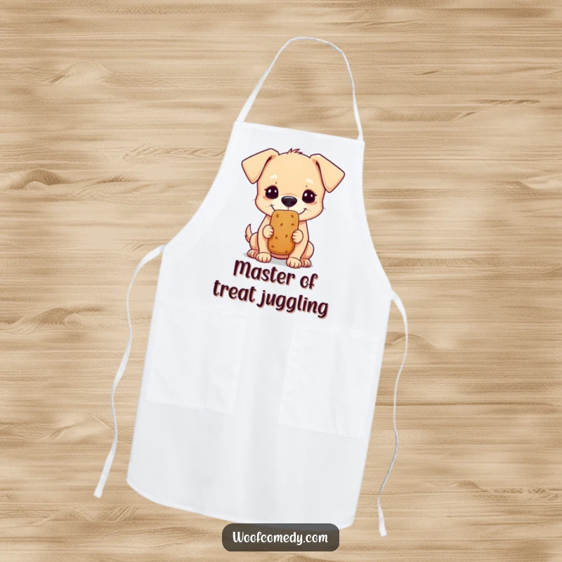 Funny apron showing a small dog intently balancing a treat on its nose, a humorous kitchen gift.