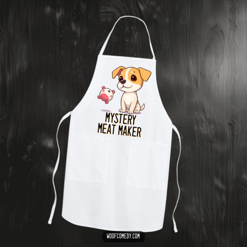 Funny apron showing a curious dog tilting its head, eyes fixed on a floating squeaky toy.