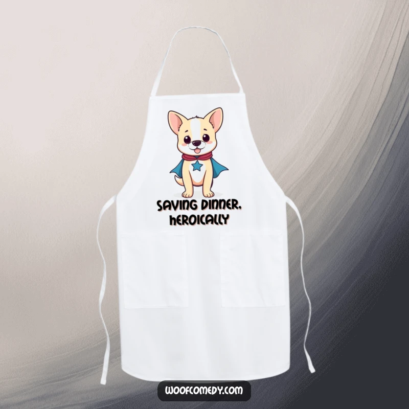 Funny apron depicting a proud dog as a kitchen superhero, wearing a small cape while cooking.