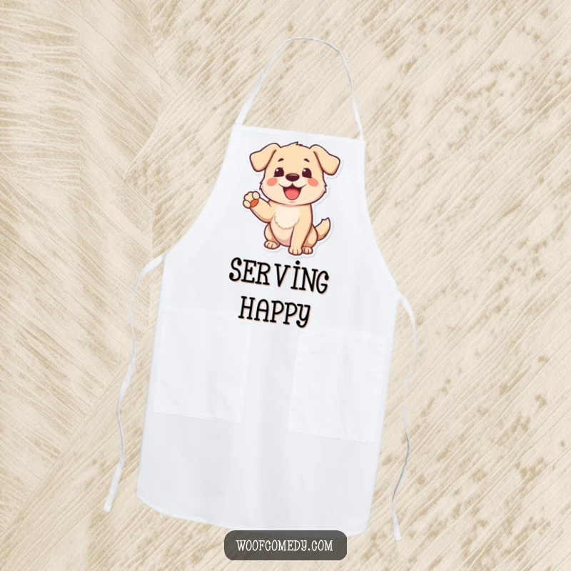 Funny Dog Apron: A cheerful dog barking with one paw raised in greeting, adding humor and warmth to cooking.