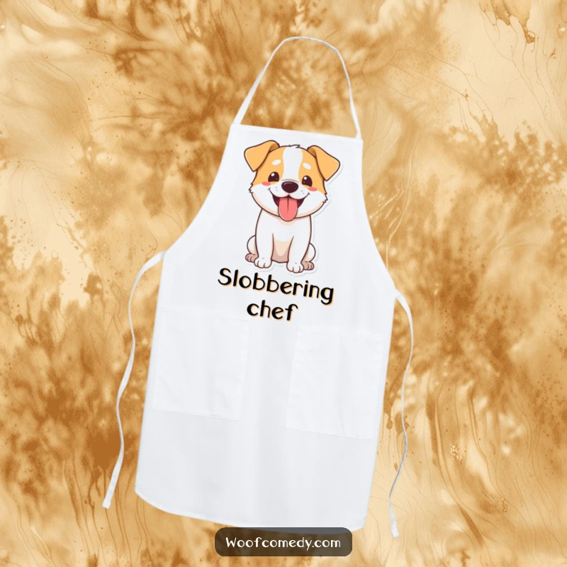 Funny dog apron featuring a happy dog panting with its tongue lolling out, adding humorous cheer to cooking.