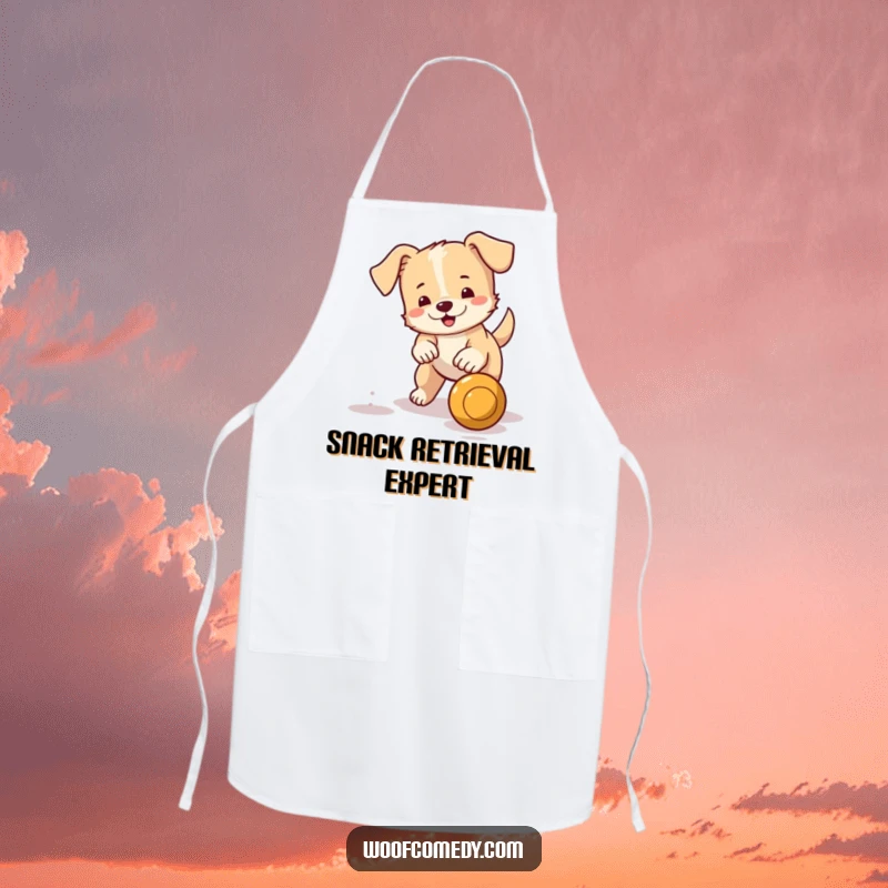 Funny apron featuring a small dog with a wagging tail fetching a bouncing ball, bringing playful kitchen humor.