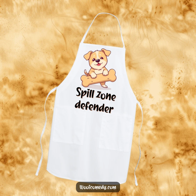 Funny apron showcasing a clumsy dog with floppy ears tripping over a large bone.