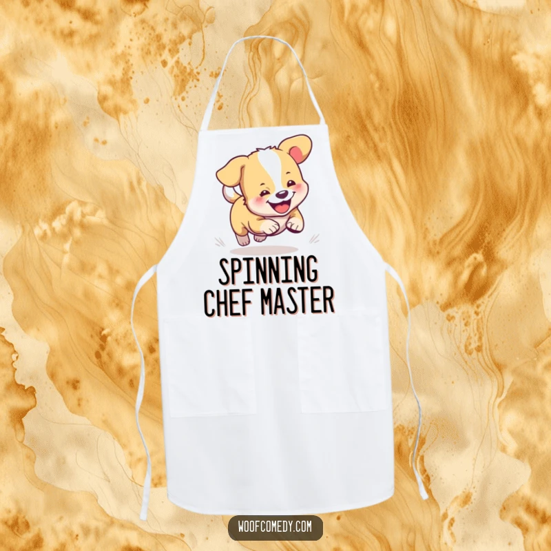 Funny kitchen apron with a cute dog character humorously chasing its tail, adding a playful vibe to cooking.
