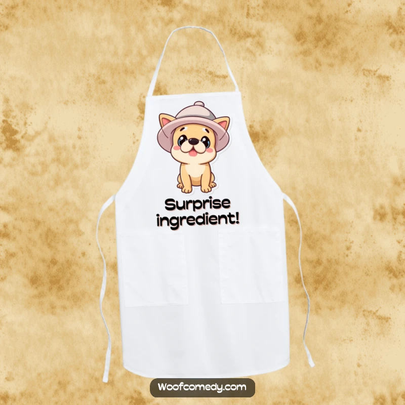Funny surprised dog in a large hat, protective kitchen apron, humorous cooking accessory, funny gift.