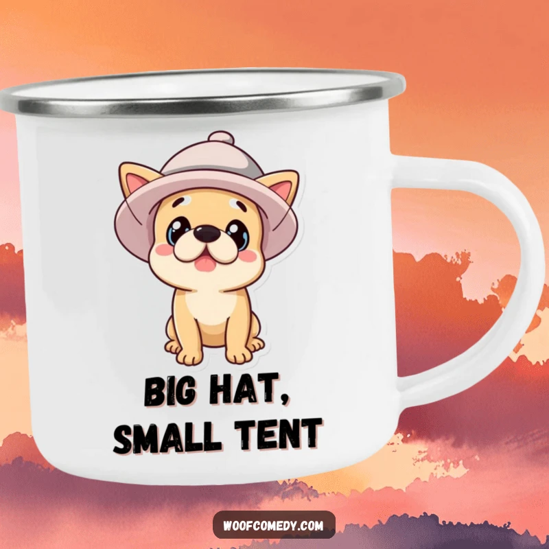 Funny surprised dog in a large hat, durable enamel camping mug, outdoor humor, funny gift.