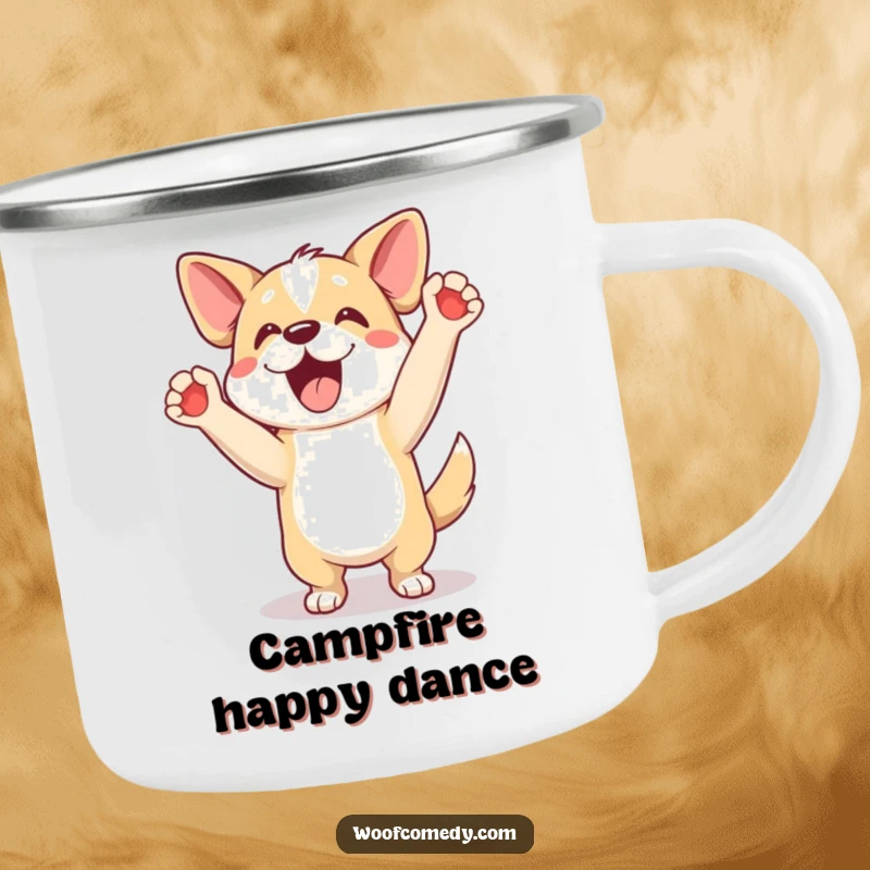 Funny camping mug with an excited dog doing a happy dance with paws up, a humorous outdoor gift.