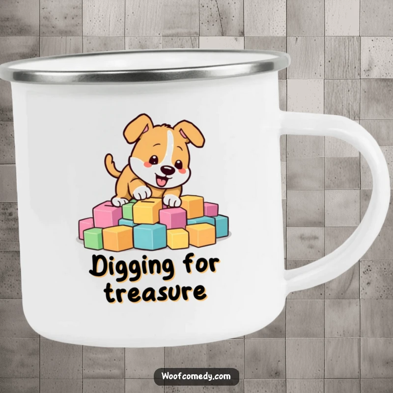 Funny energetic dog digging in colorful blocks, durable enamel camping mug, outdoor fun, funny gift.