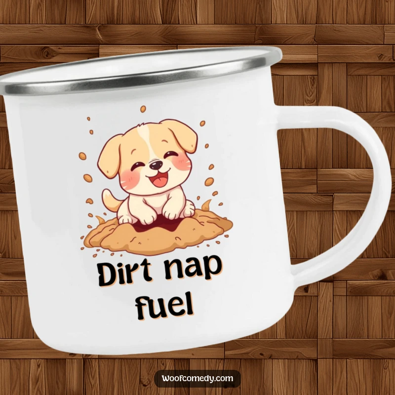 Funny camping mug featuring a kawaii dog joyfully digging, dirt flying, ideal for rustic humor and outdoor enthusiasts.