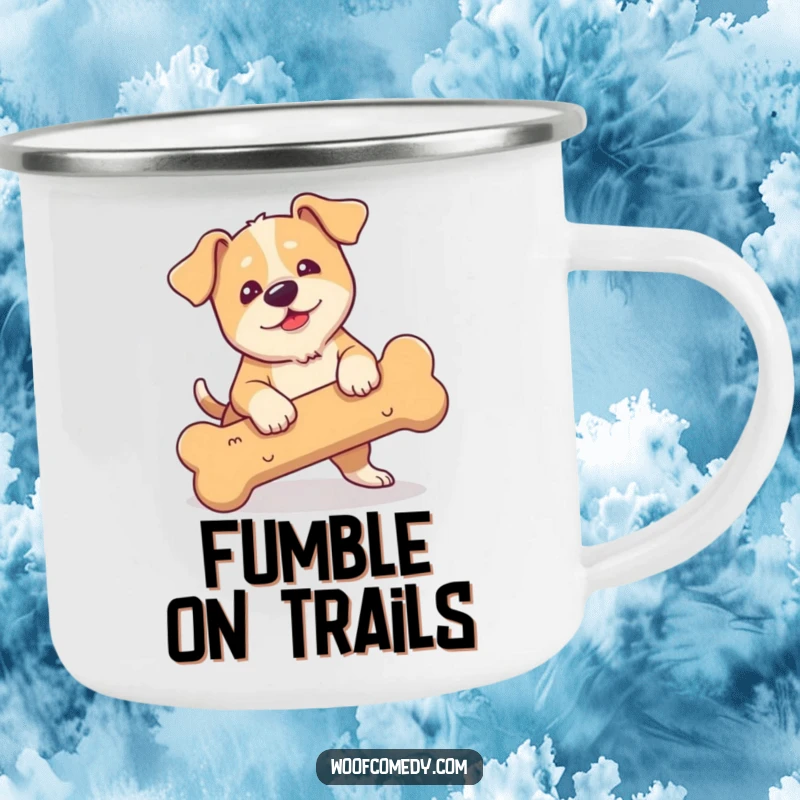 Funny camping mug depicting a clumsy dog with floppy ears tripping over a large bone.