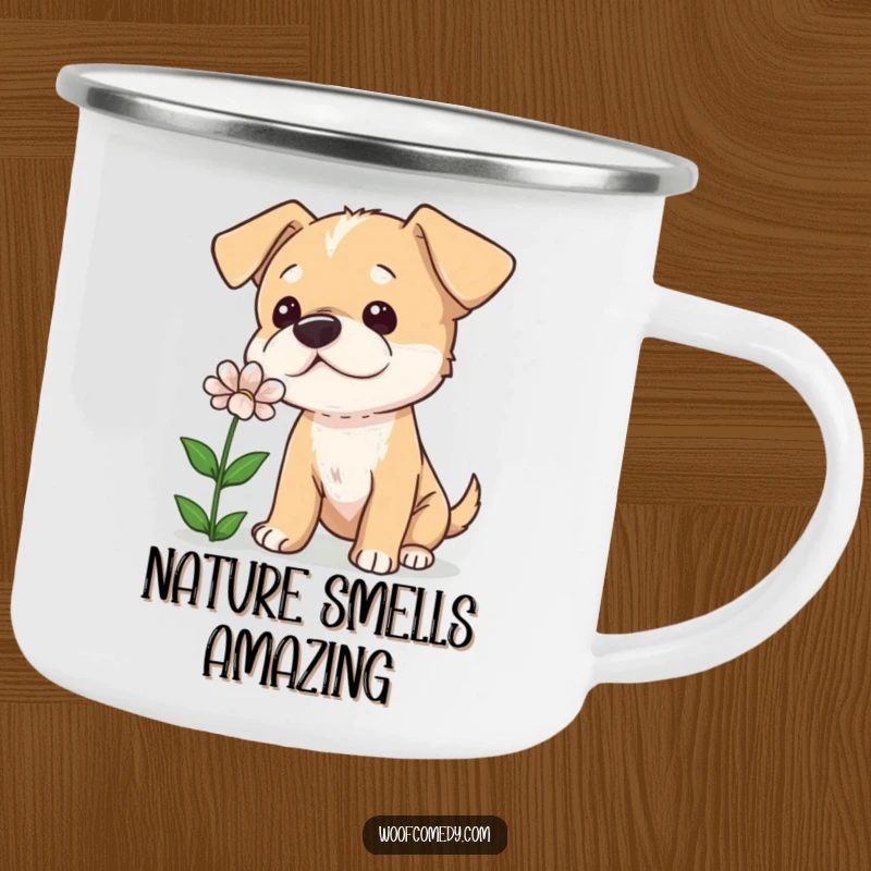 Funny camping mug featuring a curious dog tilting its head while sniffing a flower, perfect for thoughtful outdoor moments.