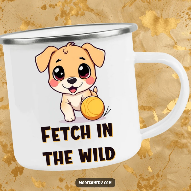 Funny camping mug featuring a cute dog character with wide eyes, chasing a bouncing ball, ready for outdoor fun.