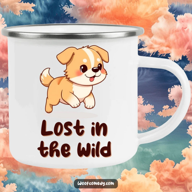 Funny Dog Camping Mug: A determined dog hilariously chasing its tail, perfect for outdoor adventures and a good laugh.
