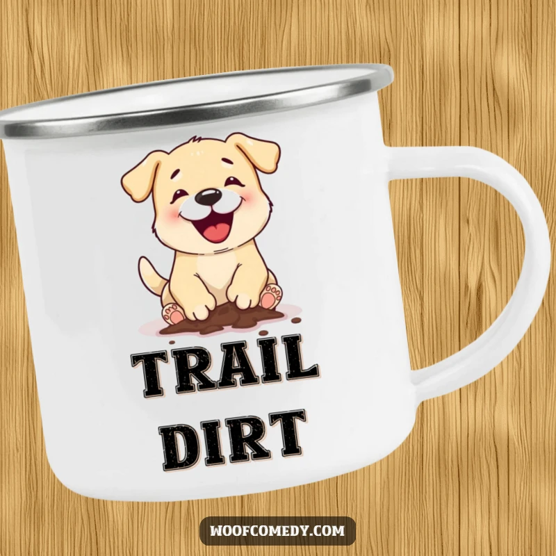 Funny dog digging camping mug featuring a dog with muddy paws digging, ideal for outdoor enthusiasts who appreciate canine humor.