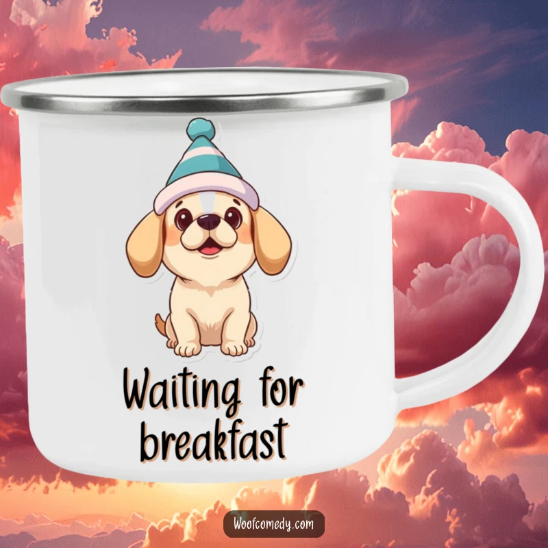 Funny dog camping mug featuring a dog wearing a silly hat, looking up with hopeful, expectant eyes.