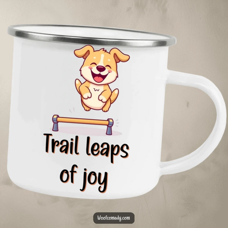 Funny camping mug with a dog joyfully leaping over an obstacle, designed for outdoor use and cheerful mornings.