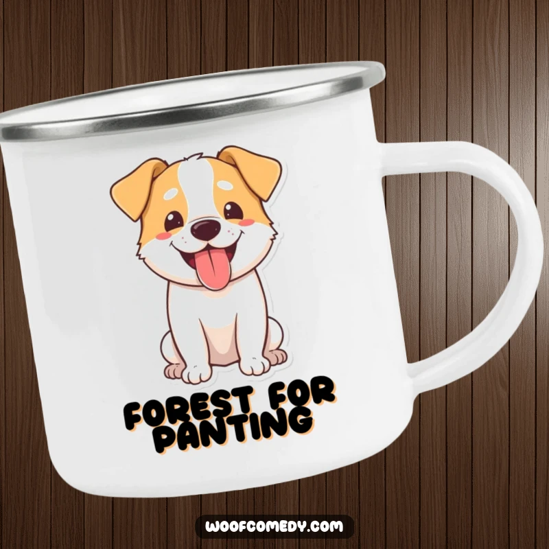 Funny dog camping mug featuring a happy dog with its tongue lolling out, panting with pure, cheerful joy.