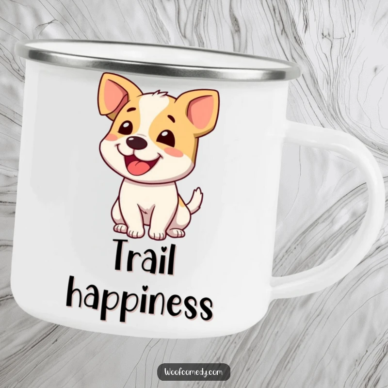 Funny dog wagging tail camping mug depicting a joyful dog's energetic tail wag, perfect for outdoor enthusiasts who love humor.