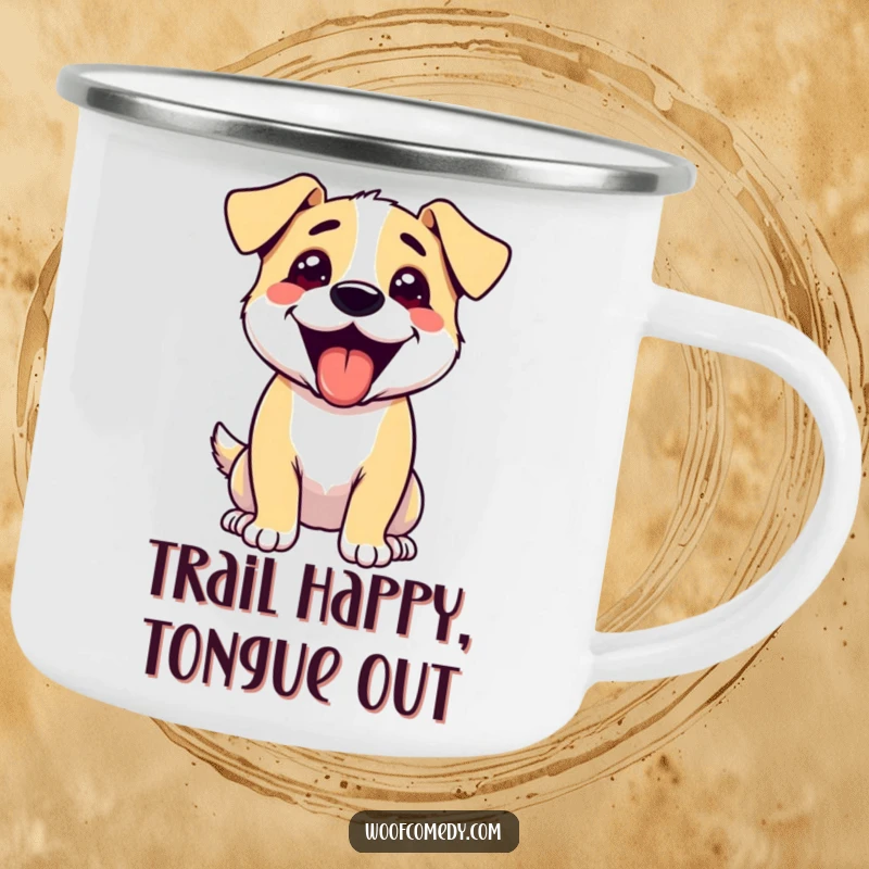 Funny camping mug showcasing an excited dog panting happily with its tongue out, ready for outdoor adventures and good times.